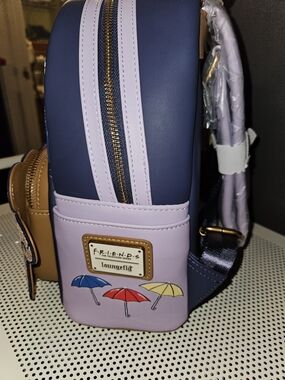 Loungefly FRIENDS Mini Backpack in Navy, Lavender and Tan with Umbrella Motif